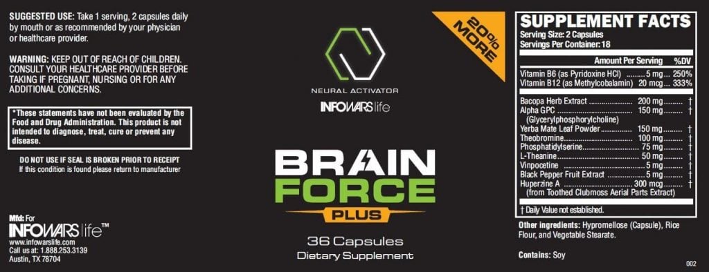 Brain Force Plus Dietary Supplement lable