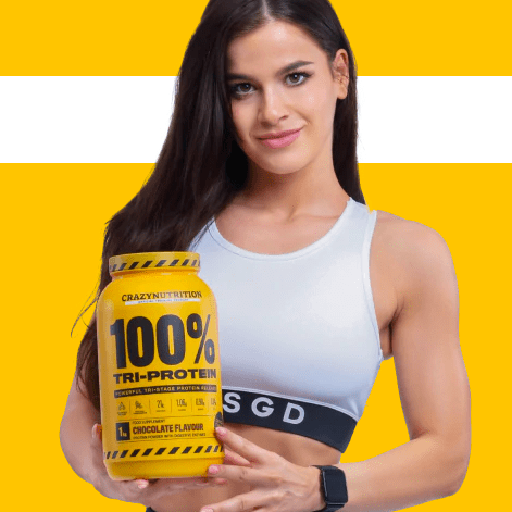 crazy nutrition tri protein on hand of a woman