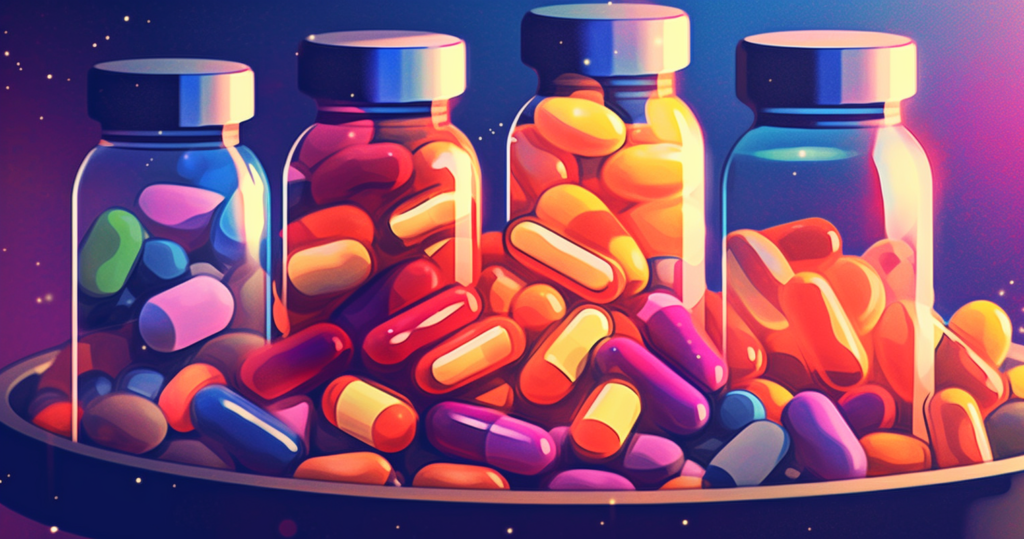 probiotics in bottles and bowl