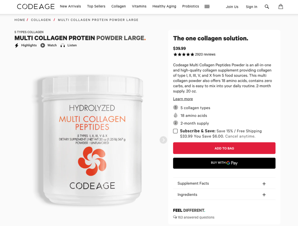 Codeage Hydrolyzed Multi Collagen Peptides Website