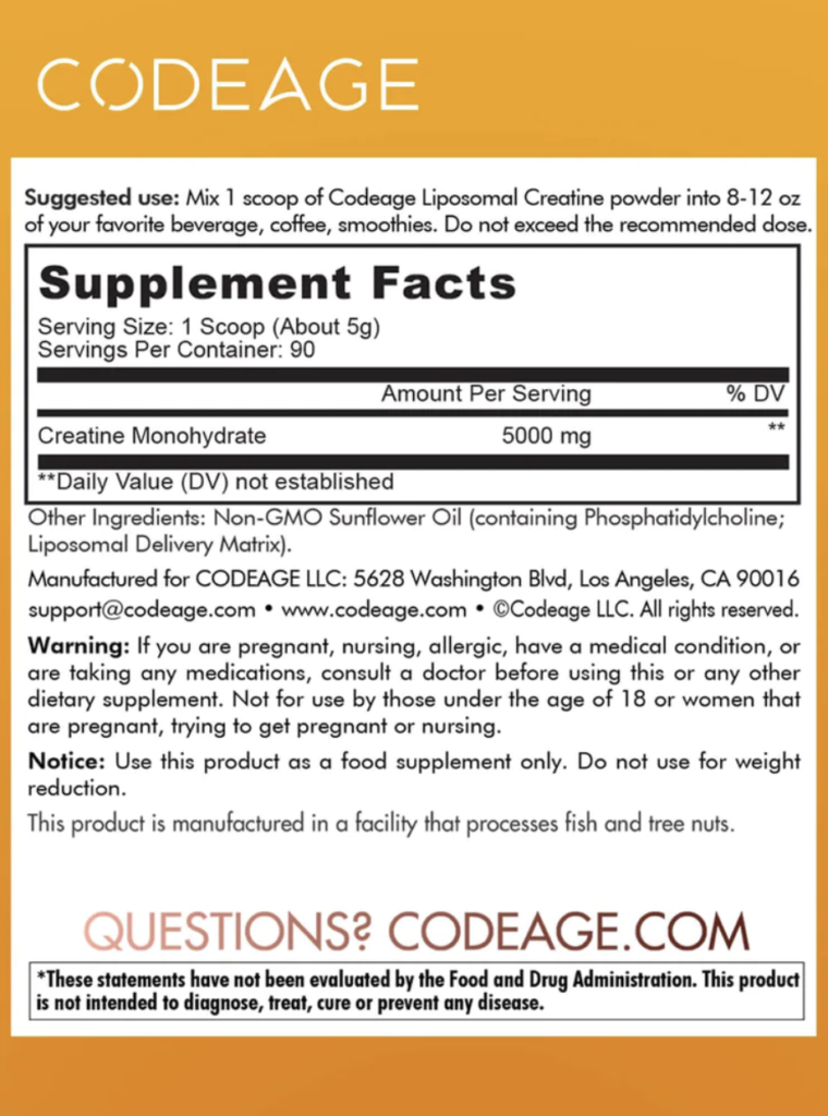 Codeage Liposomal Creatine Monohydrate Supplement Facts